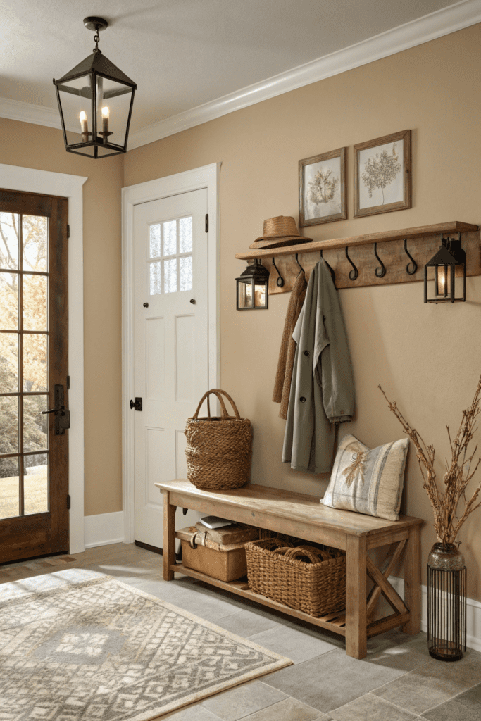 Benjamin Moore Pashmina Ideas: 18. A Warm and Welcoming Entryway with Pashmina and Rustic Elements