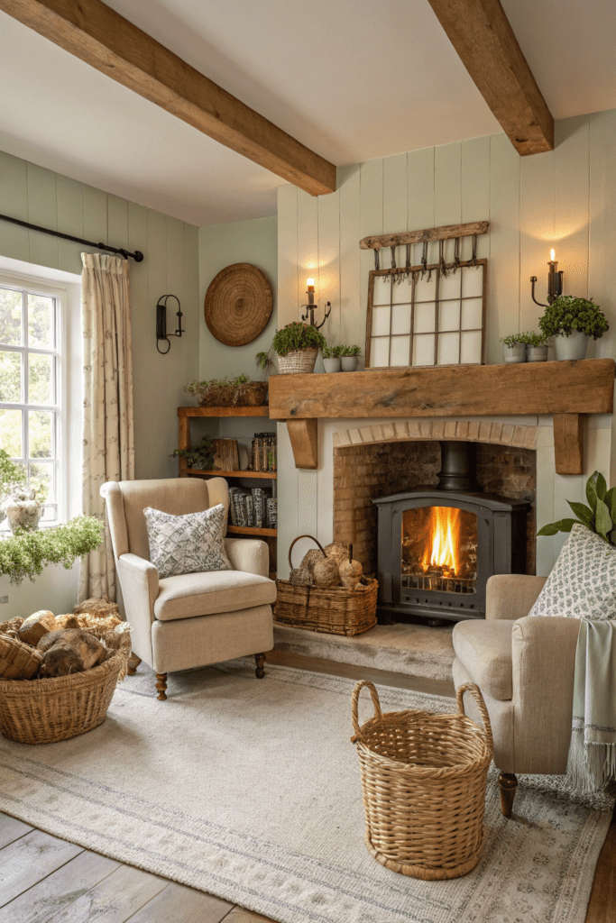 Cottage Core Living Rooms Ideas: 5. Cozy Fireplace Haven