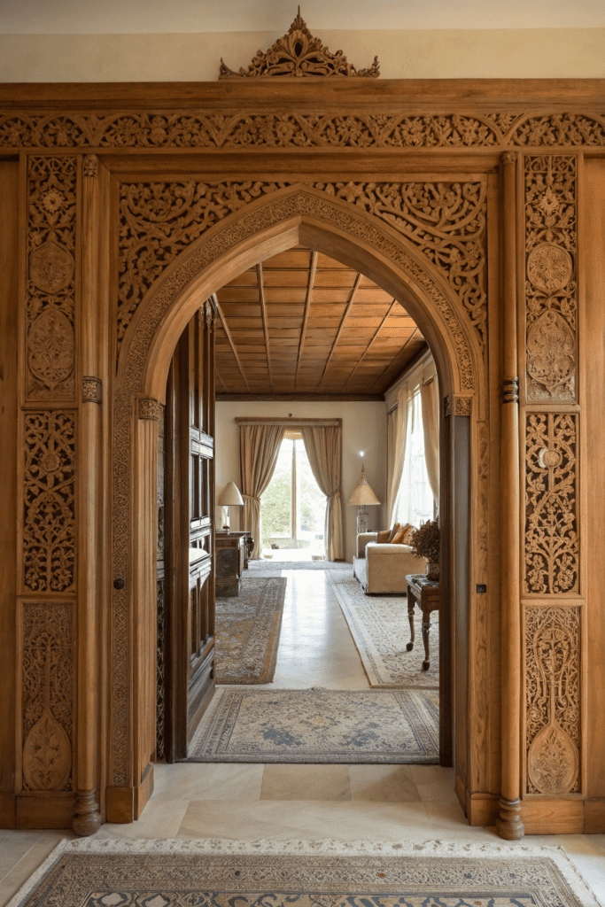 Cased Openings Between Rooms Ideas: 4. Carved Wooden Archway for a Timeless Statement