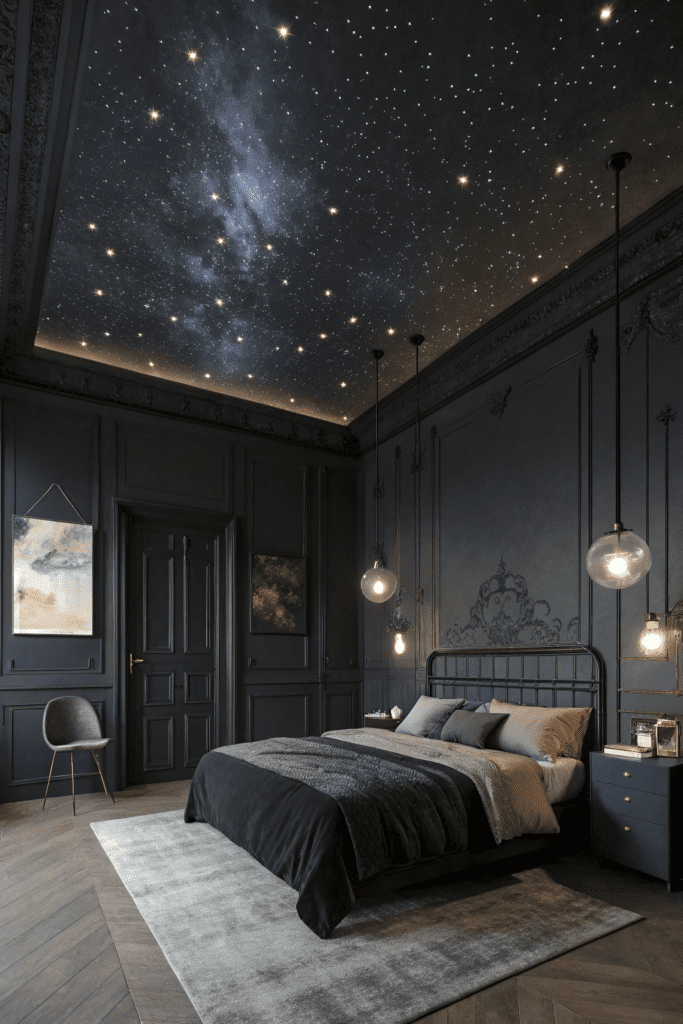 Black Rooms Ideas: 10. The Cosmic Noir Bedroom