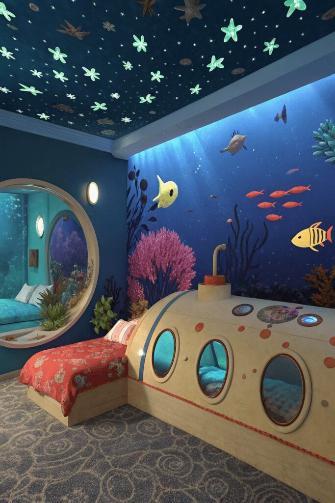 15+ Kids Room Ideas You’ll Want to Copy ASAP! 3 Kids Rooms Ideas: 3. Underwater Wonderland with a Submarine Bed