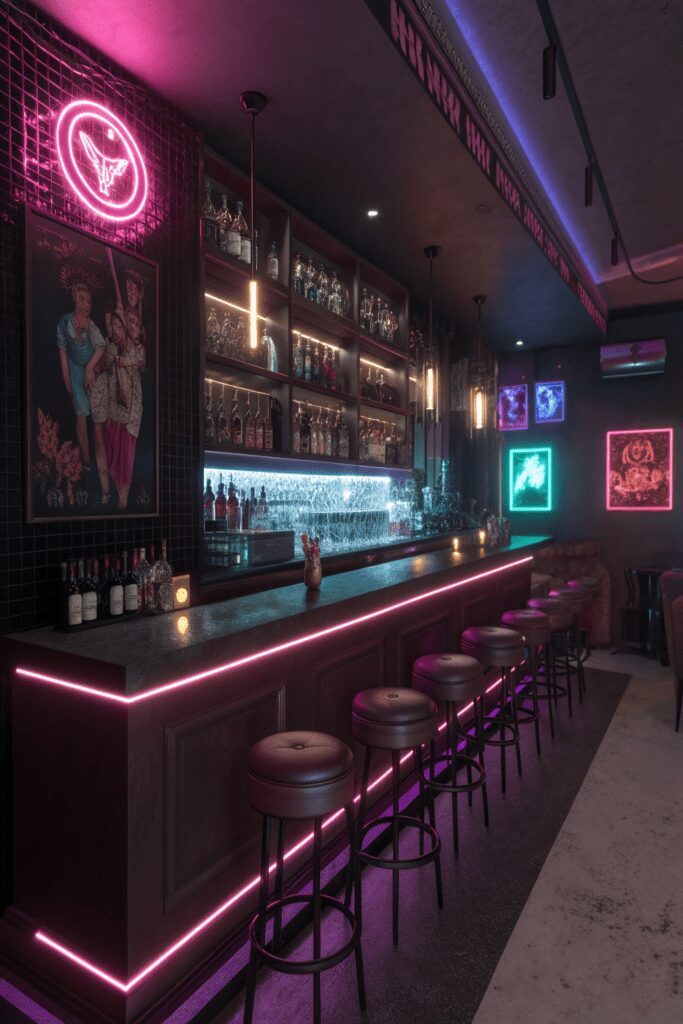 10+ Transform Your Space with These Home Bar Room Ideas! 11 Home Bar Rooms Ideas: 11. The Neon Noir Bar
