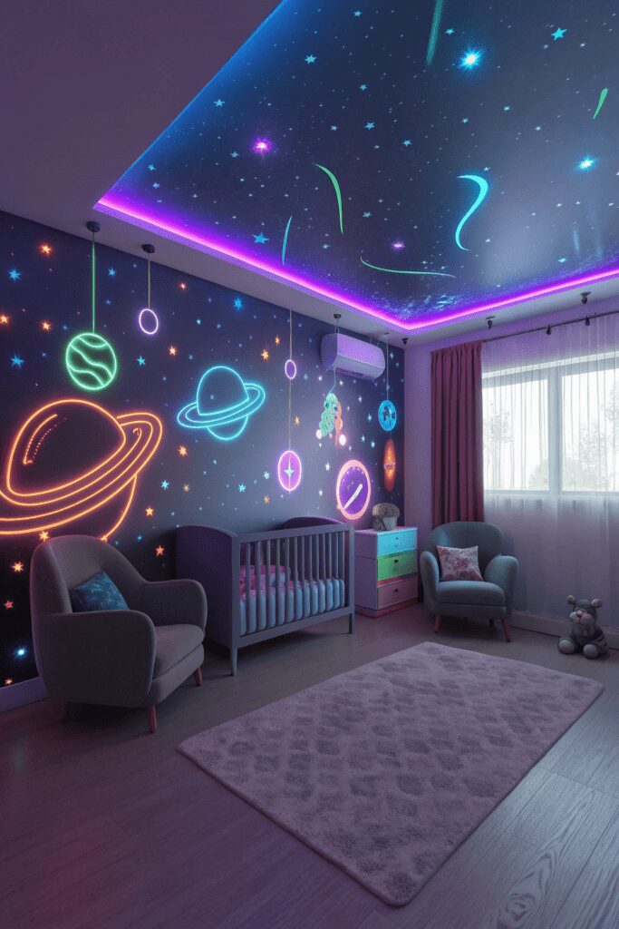 25+ Nursery Room Magic: Decor Ideas You’ll Love! 28 Nursery Room Ideas: 28. Outer Realm Nursery with Futuristic Neon Glow