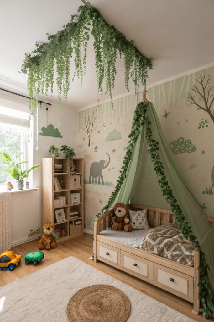 25+ Nursery Room Magic: Decor Ideas You’ll Love! 27 Nursery Room Ideas: 27. Jungle Canopy with Hanging Vines and Wildlife