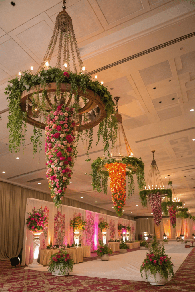 Desi Wedding Decor Ideas: 4. Upside-Down Floral Chandeliers