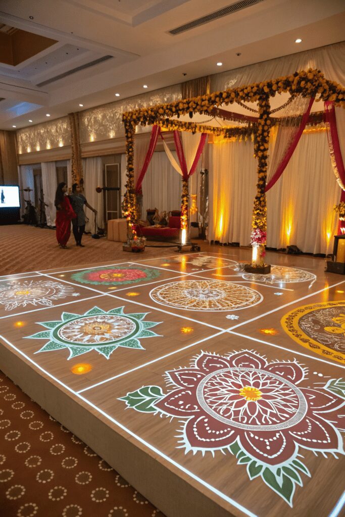 10+ Jaw-Dropping Desi Wedding Decor Inspiration Ideas! 5 Desi Wedding Decor Ideas: 5. Interactive Rangoli Dance Floor