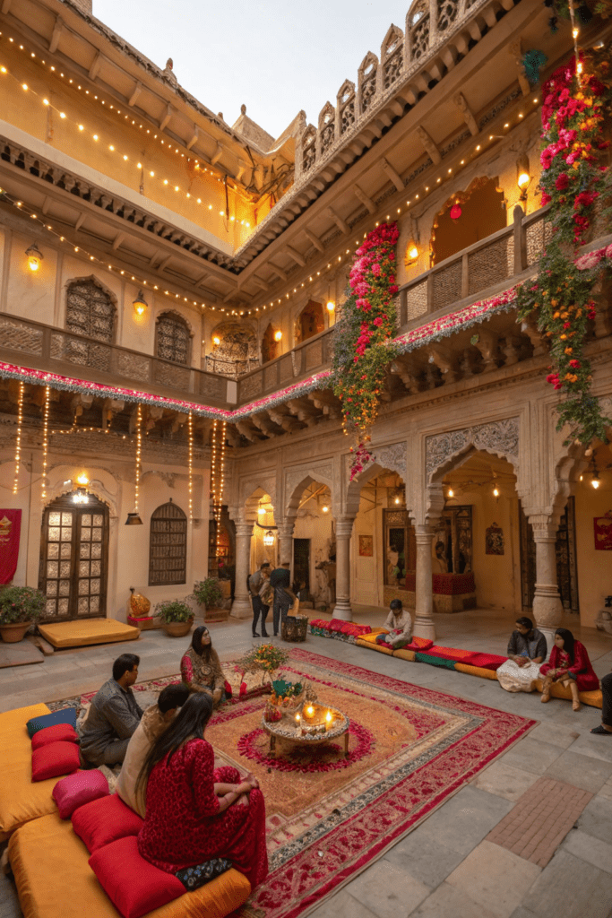 Desi Wedding Decor Ideas: 7. Royal Haveli Courtyard with Traditional Charpai Seating