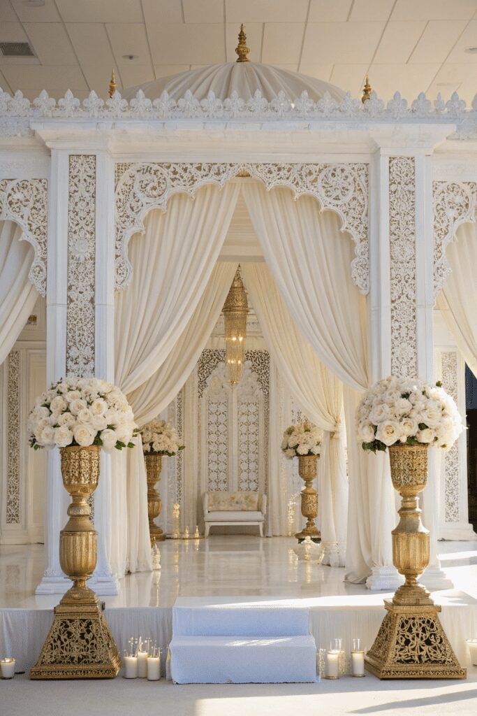10+ Jaw-Dropping Desi Wedding Decor Inspiration Ideas! 11 Desi Wedding Decor Ideas: 11. All-White Temple-Inspired Décor