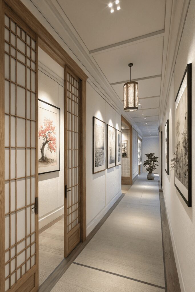 10+ Sherwin Williams Shoji White: Transform Your Space! 4 Sherwin Williams Shoji White Ideas: 4. Art Gallery-Inspired Hallway with Shoji White