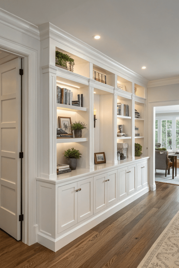 Sherwin Williams Shoji White Ideas: 6. Shoji White Built-In Shelving with Hidden Lighting