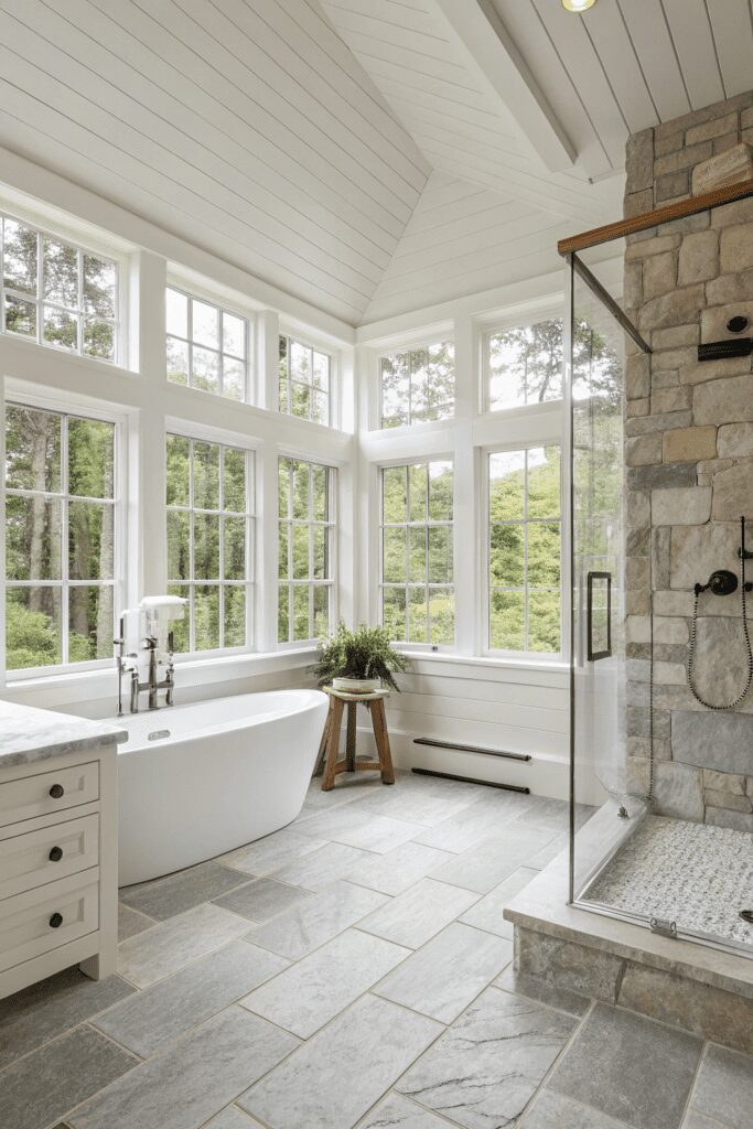 10+ Sherwin Williams Shoji White: Transform Your Space! 9 Sherwin Williams Shoji White Ideas: 9. Shoji White and Natural Stone Bathroom
