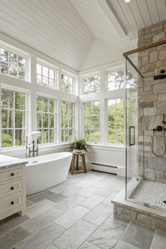 Sherwin Williams Shoji White Ideas: 9. Shoji White and Natural Stone Bathroom