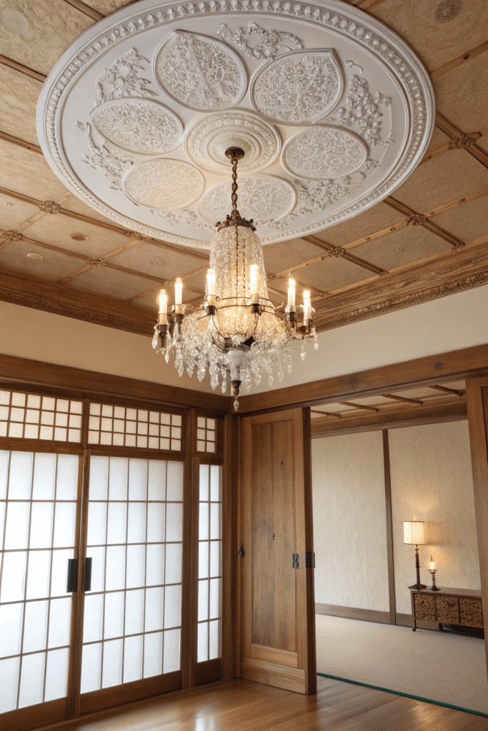 Sherwin Williams Shoji White Ideas: 10. Shoji White Ceiling Medallion with Chandelier