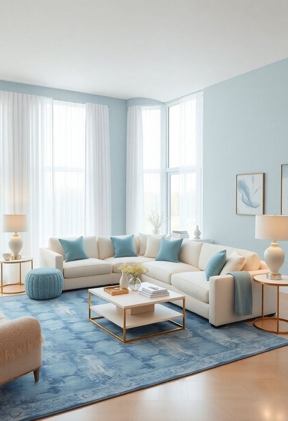 Blue Living Room Color Scheme Ideas: Baby Blue and Creamy White Combination