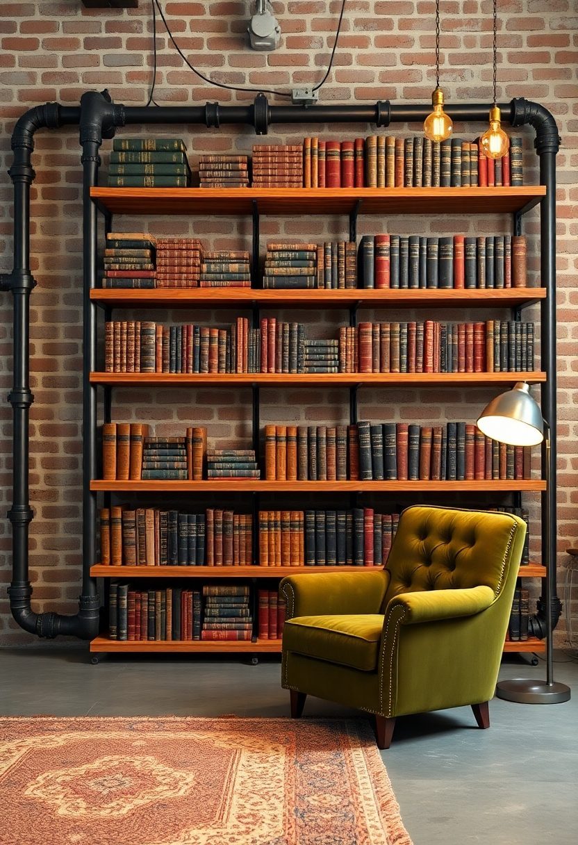 DIY Library Wall Ideas: Industrial Pipe Bookshelves