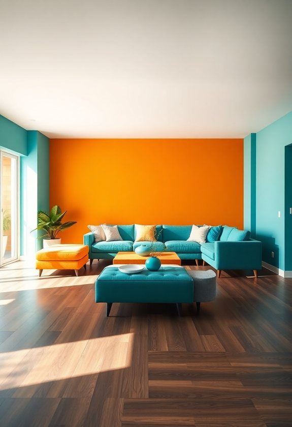 Blue Living Room Color Scheme Ideas: Teal Blue and Vibrant Orange Combination