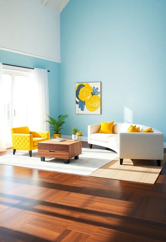 Blue Living Room Color Scheme Ideas: Bright Blue and Sunny Yellow Accent