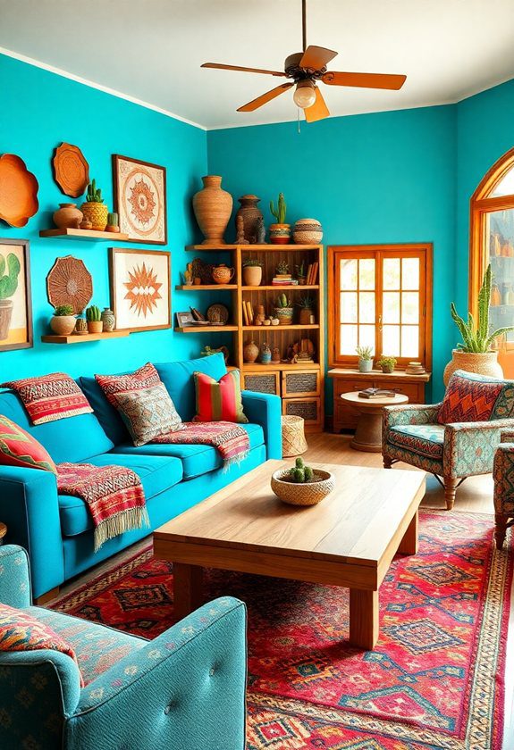 Blue Living Room Color Scheme Ideas: Turquoise Blue and Southwestern Patterned Decor