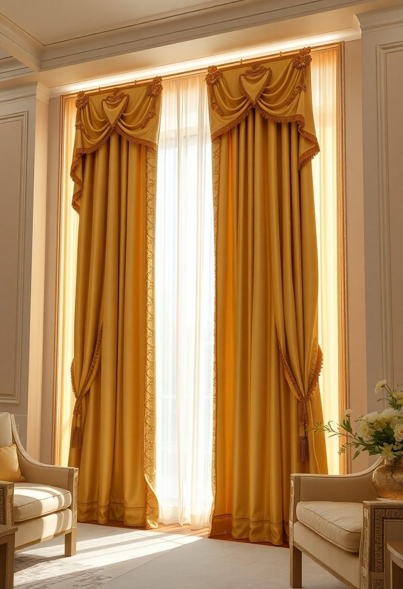 Luxury Curtain Design Ideas: Ornate Gold Trimmed Curtains