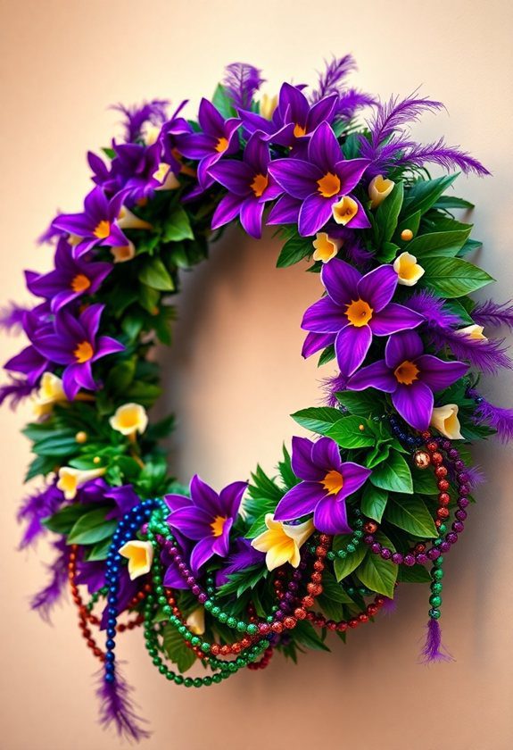 Mardi Gras Wreath Design Ideas: Lavish Mardi Gras Wreath With Flowers and Beads