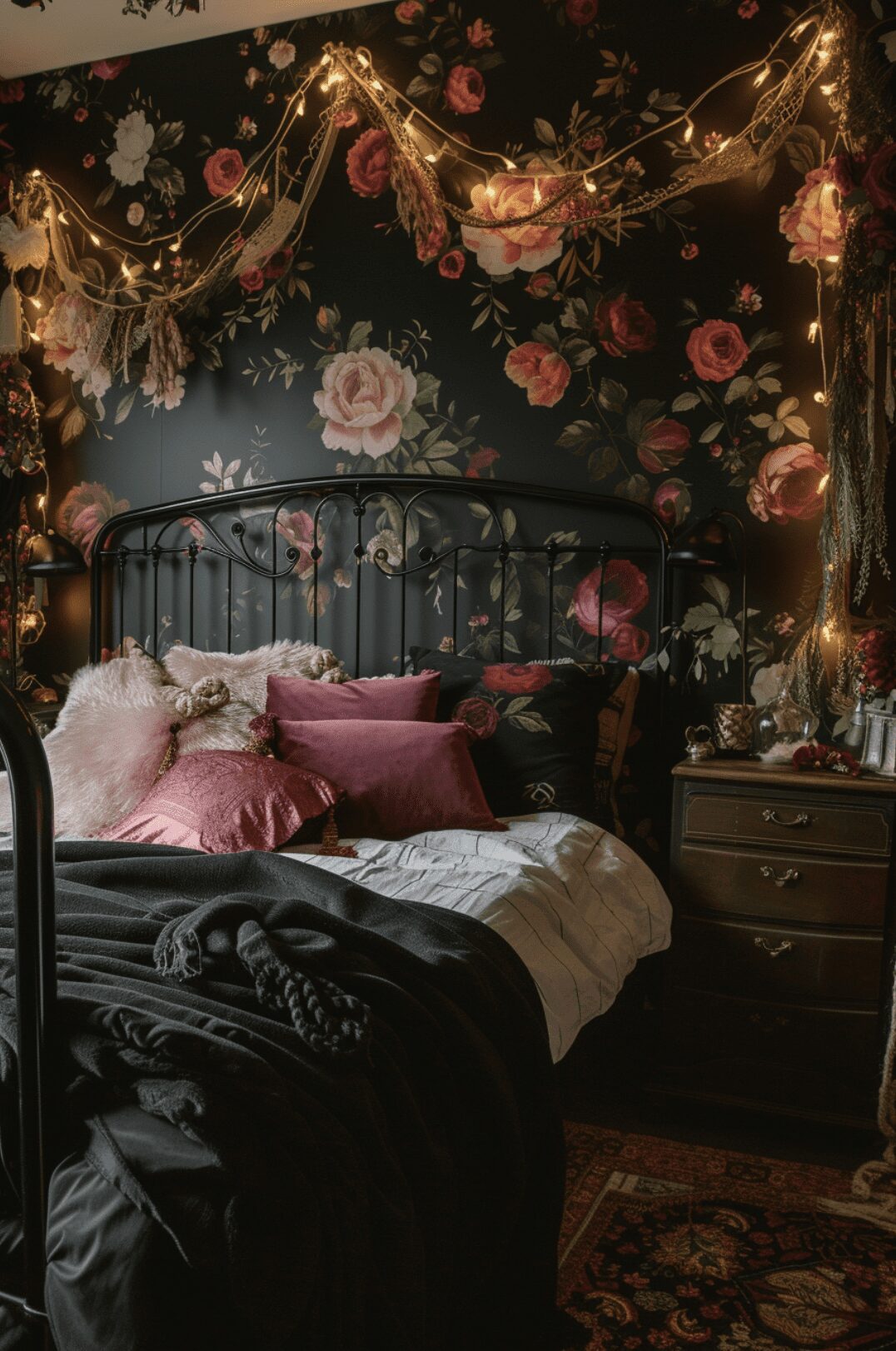 20 Jaw-Dropping 90s Whimsy Goth Bedroom Ideas 2025 8 Floral Gothic Elegance