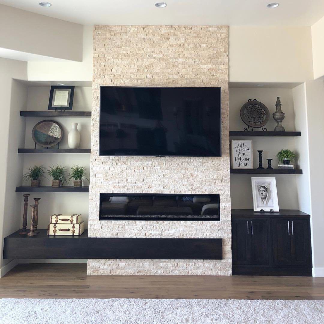 Modern Floating Shelves and Dark Cabinetry