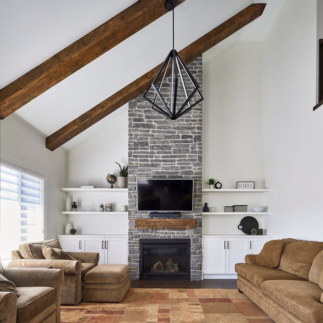 Contemporary Farmhouse with Geometric Lighting Fireplace Surround