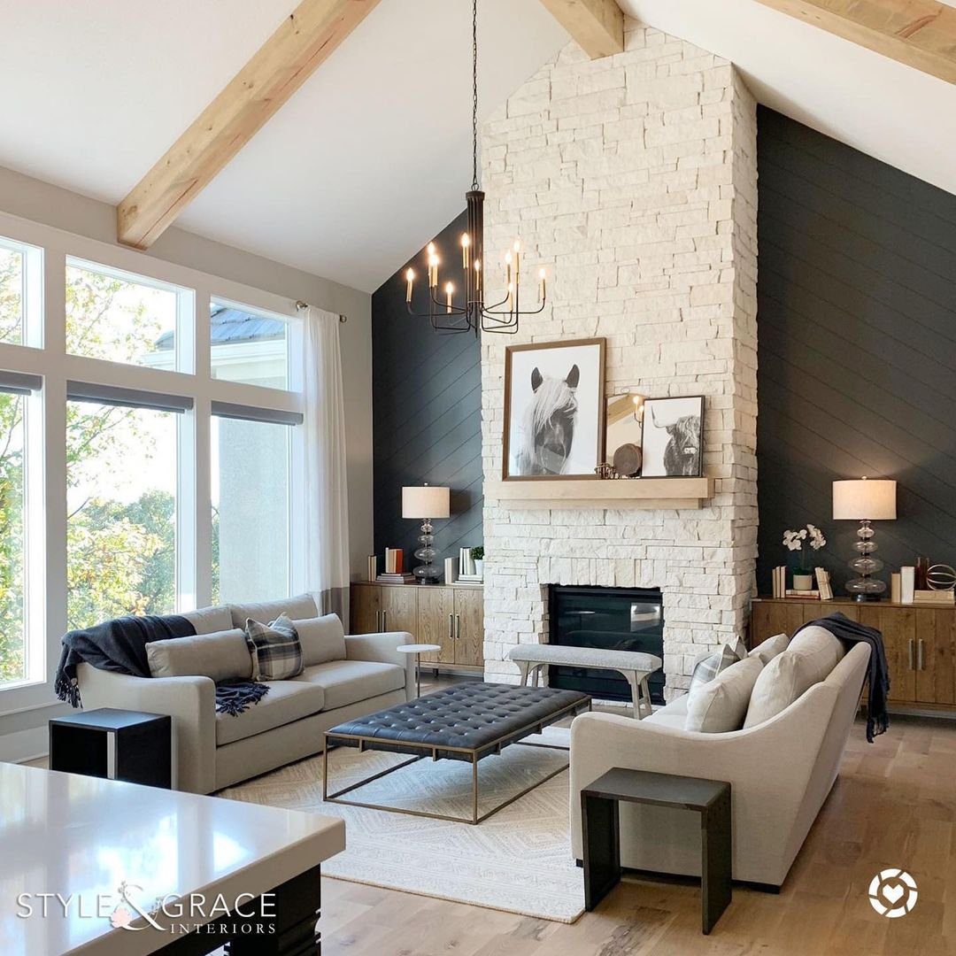 Dramatic Contrast with Light Wood Beams