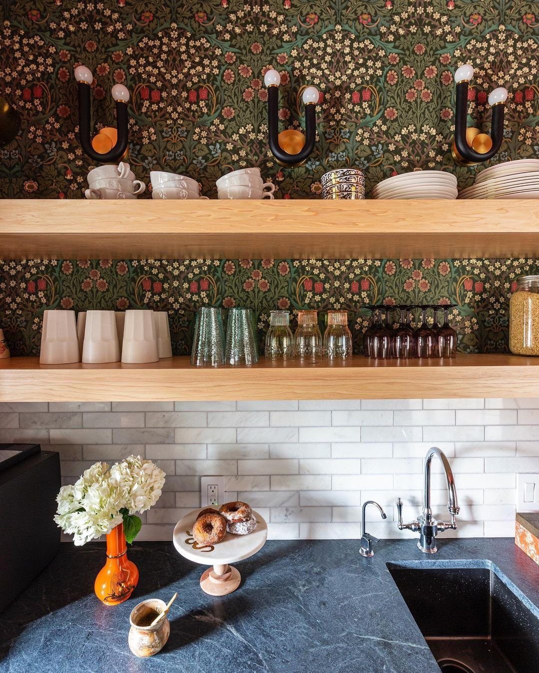 25 Stunning Floating Shelves That Wow in 2025 23 Eclectic Elegance with Floating Kitchen Shelves