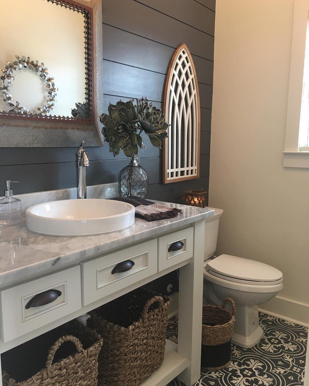 20 Jaw-Dropping Grey Shiplap Ideas for 2025 11 Rustic Powder Room with Grey Shiplap and Vintage Decor