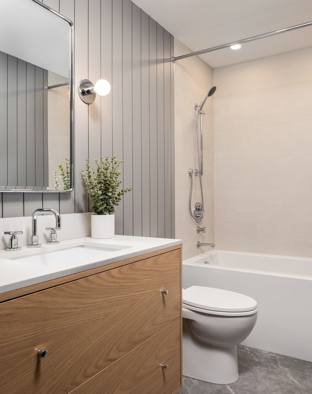 20 Jaw-Dropping Grey Shiplap Ideas for 2025 12 Sleek Bathroom with Vertical Grey Shiplap