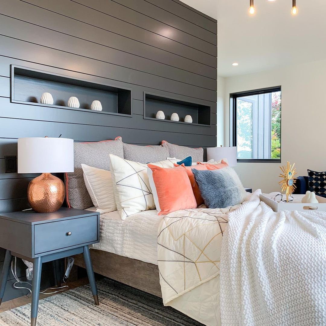 20 Jaw-Dropping Grey Shiplap Ideas for 2025 17 Contemporary Bedroom with Dark Grey Shiplap Accent Wall