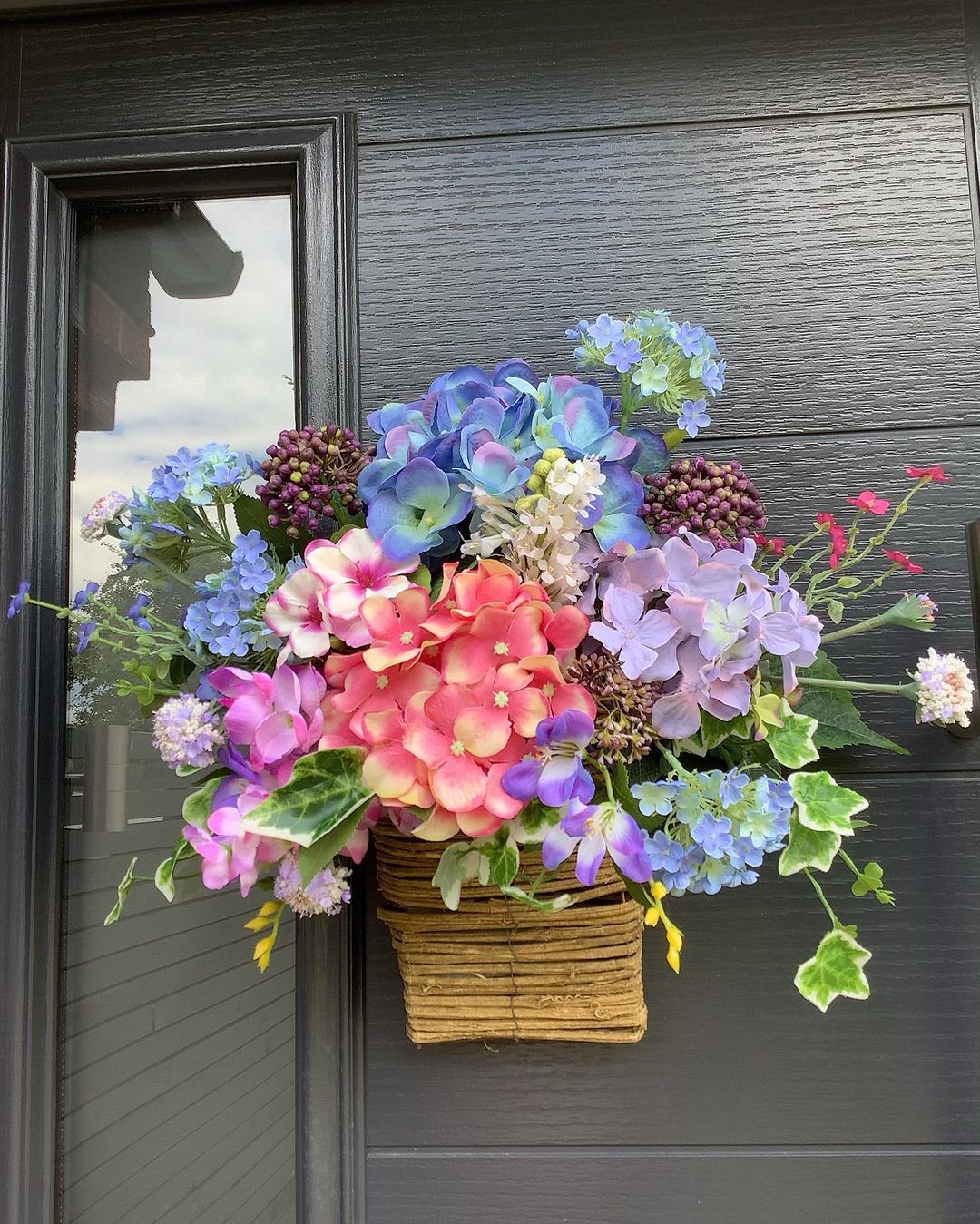 25 Stunning Door Baskets That'll Make Jaws Drop in 2025 9 Colorful Hydrangea and Ivy Door Basket