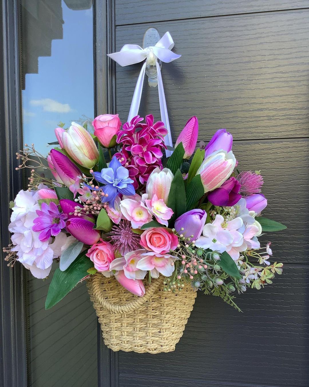 25 Stunning Door Baskets That'll Make Jaws Drop in 2025 10 Pastel Tulip and Rose Door Basket