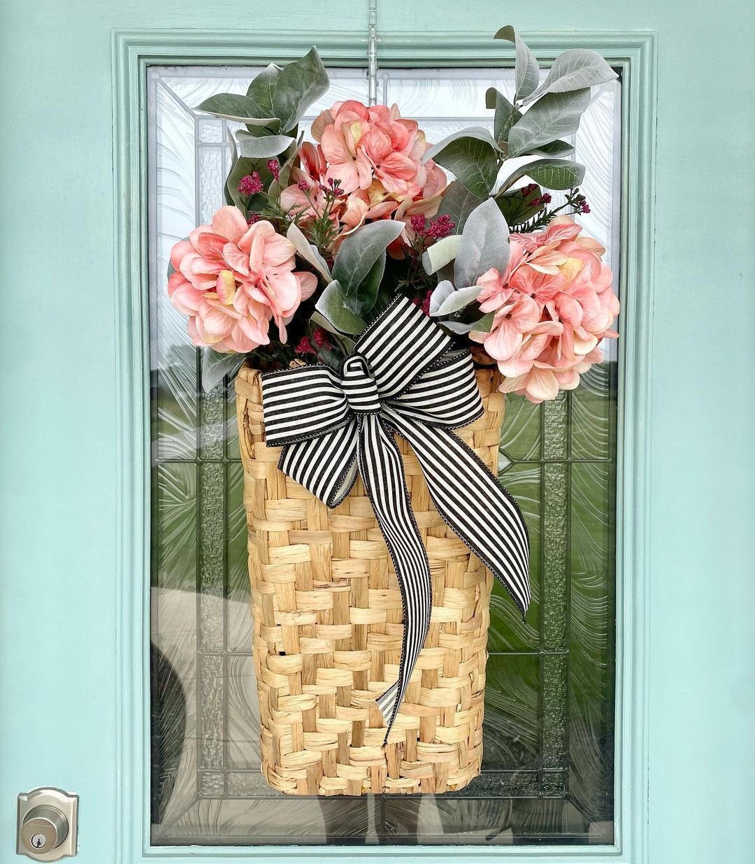 25 Stunning Door Baskets That'll Make Jaws Drop in 2025 15 Peach Blossoms and Lamb's Ear Door Basket