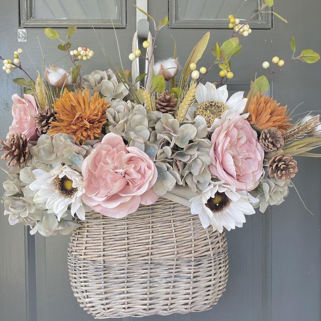 25 Stunning Door Baskets That'll Make Jaws Drop in 2025 18 Autumn Blooms and Pinecones Door Basket