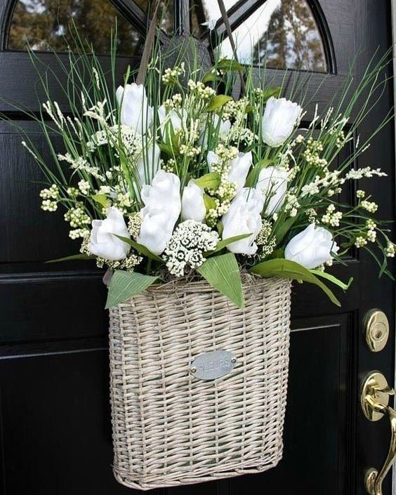 25 Stunning Door Baskets That'll Make Jaws Drop in 2025 19 Classic White Tulip and Greenery Door Basket