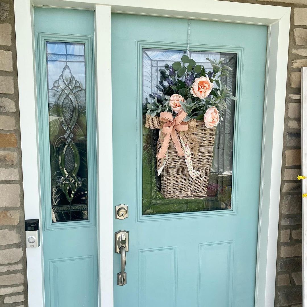 25 Stunning Door Baskets That'll Make Jaws Drop in 2025 21 Peach Rose and Eucalyptus Door Basket