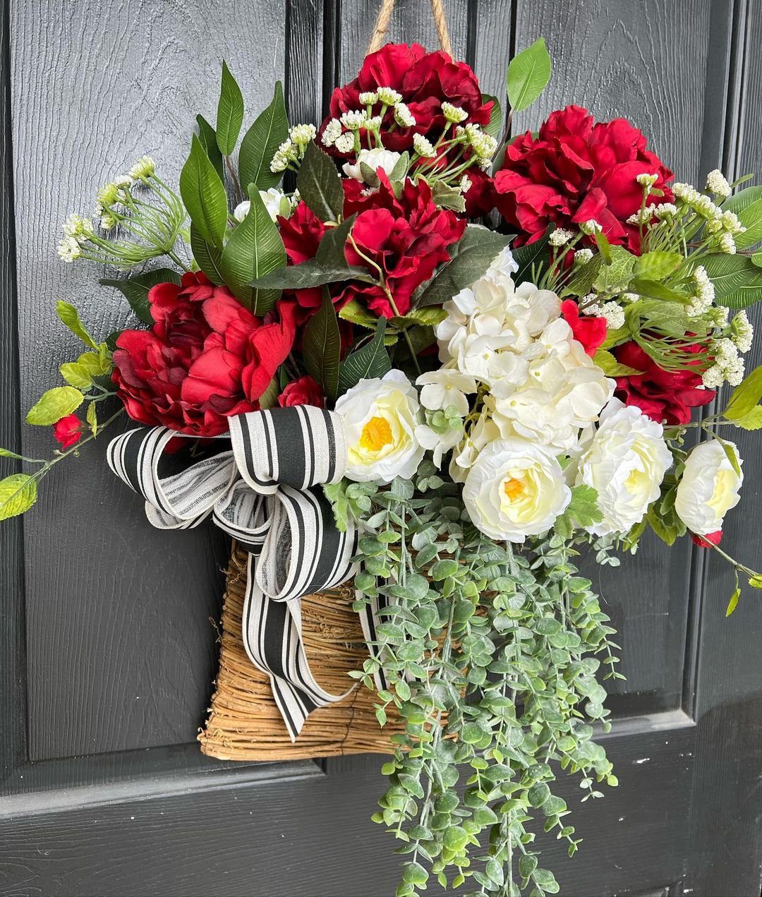 25 Stunning Door Baskets That'll Make Jaws Drop in 2025 4 Bold Red and White Floral Door Basket