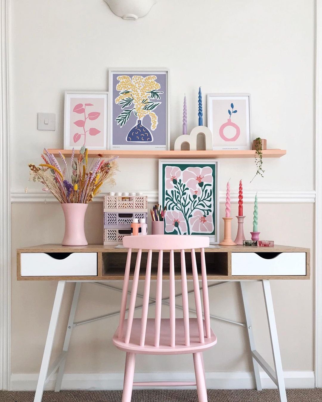 Stunning Picture Ledge Ideas That Wow in 2025! 1 Vibrant and Cheerful Workspace with Pastel Picture Ledge