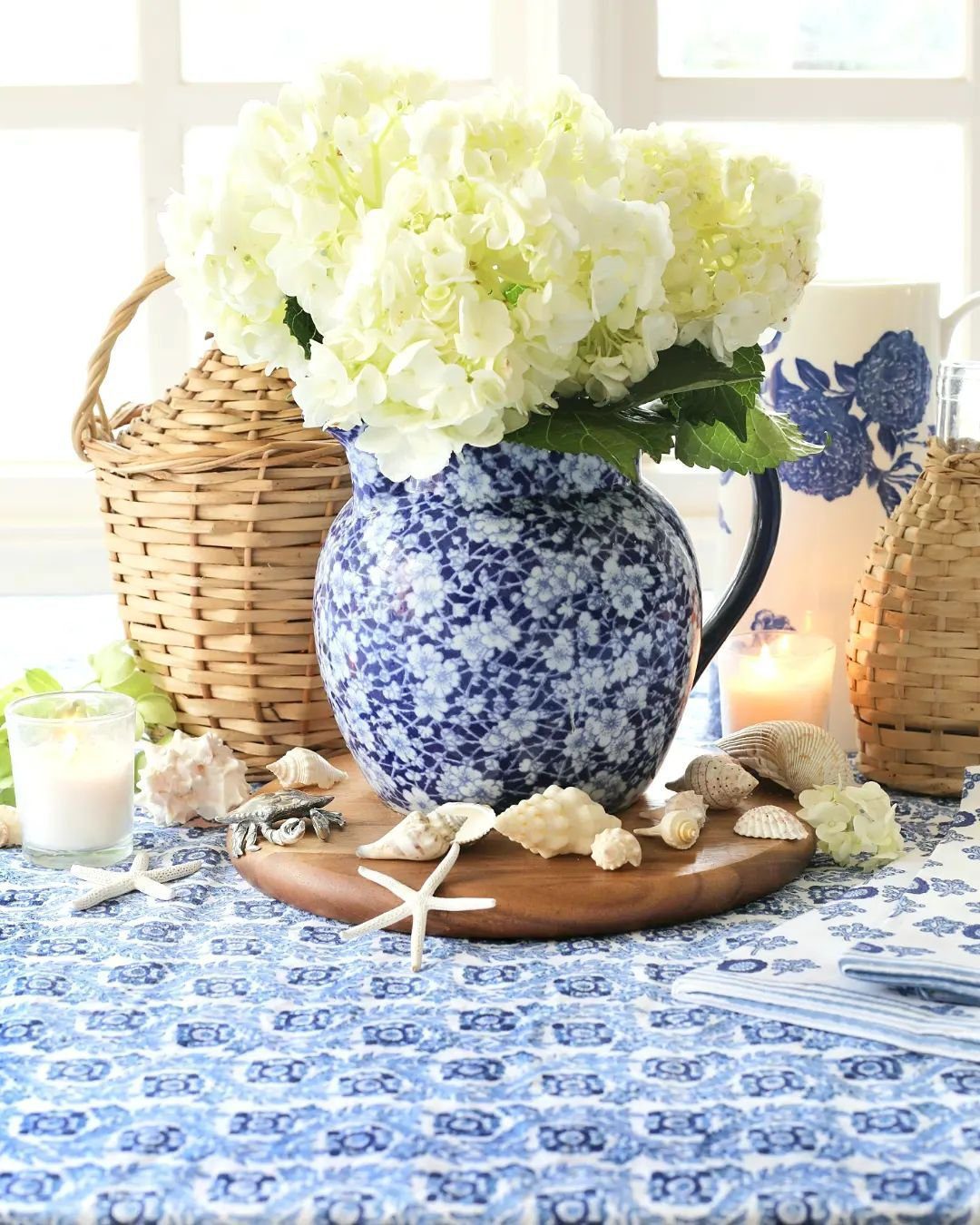 Stunning Blue Centerpieces That Will Blow Your Mind 2025 13 Coastal Blue and White Hydrangea Centerpiece