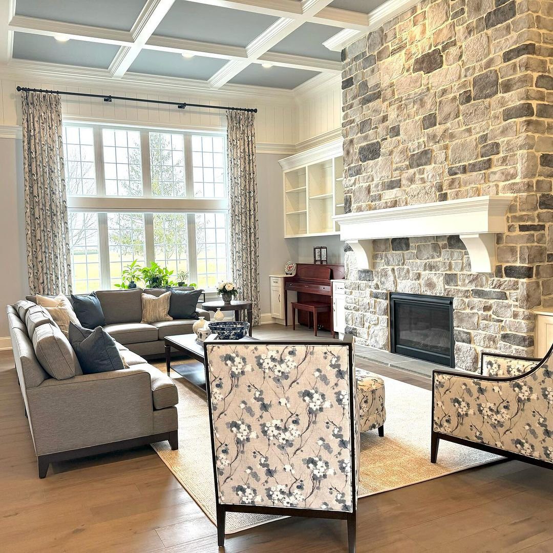 25 Jaw-Dropping Coffered Ceiling Ideas for 2025 21 Stone Hearth with Cozy Elegance