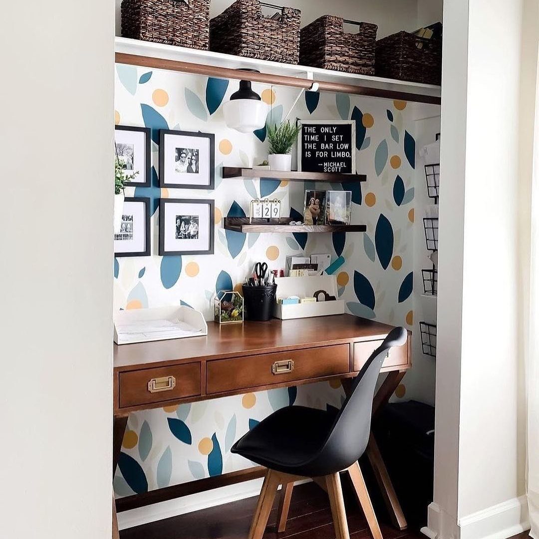 Colorful Closet Office With Bold Wallpaper