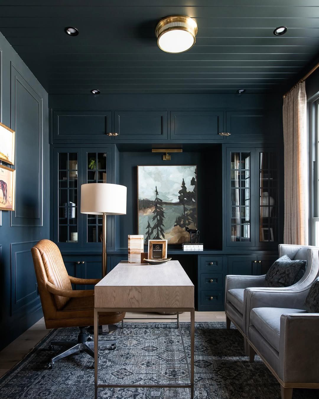 Jaw-Dropping Modern Office Ideas for 2025! 10 Navy Walls With Warm Textures