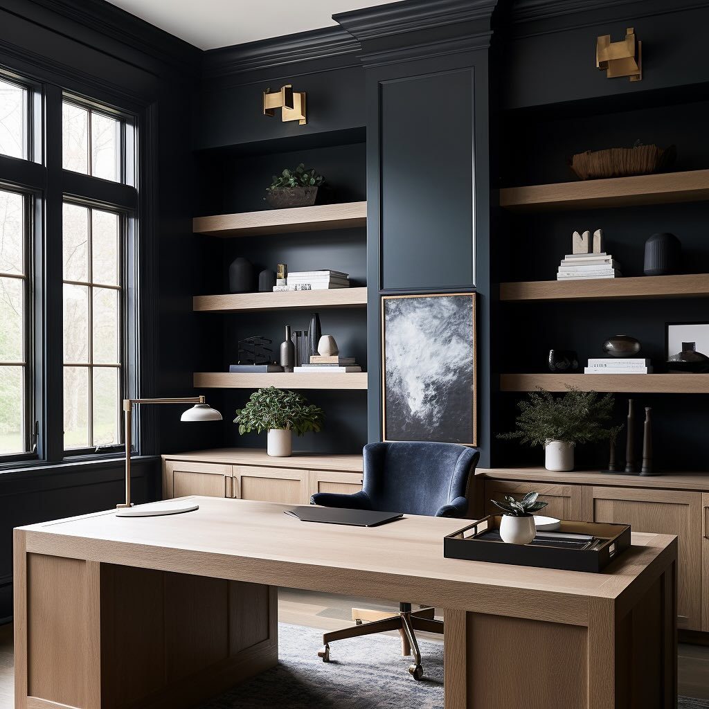 Jaw-Dropping Modern Office Ideas for 2025! 14 Navy Walls With Light Wood Contrast