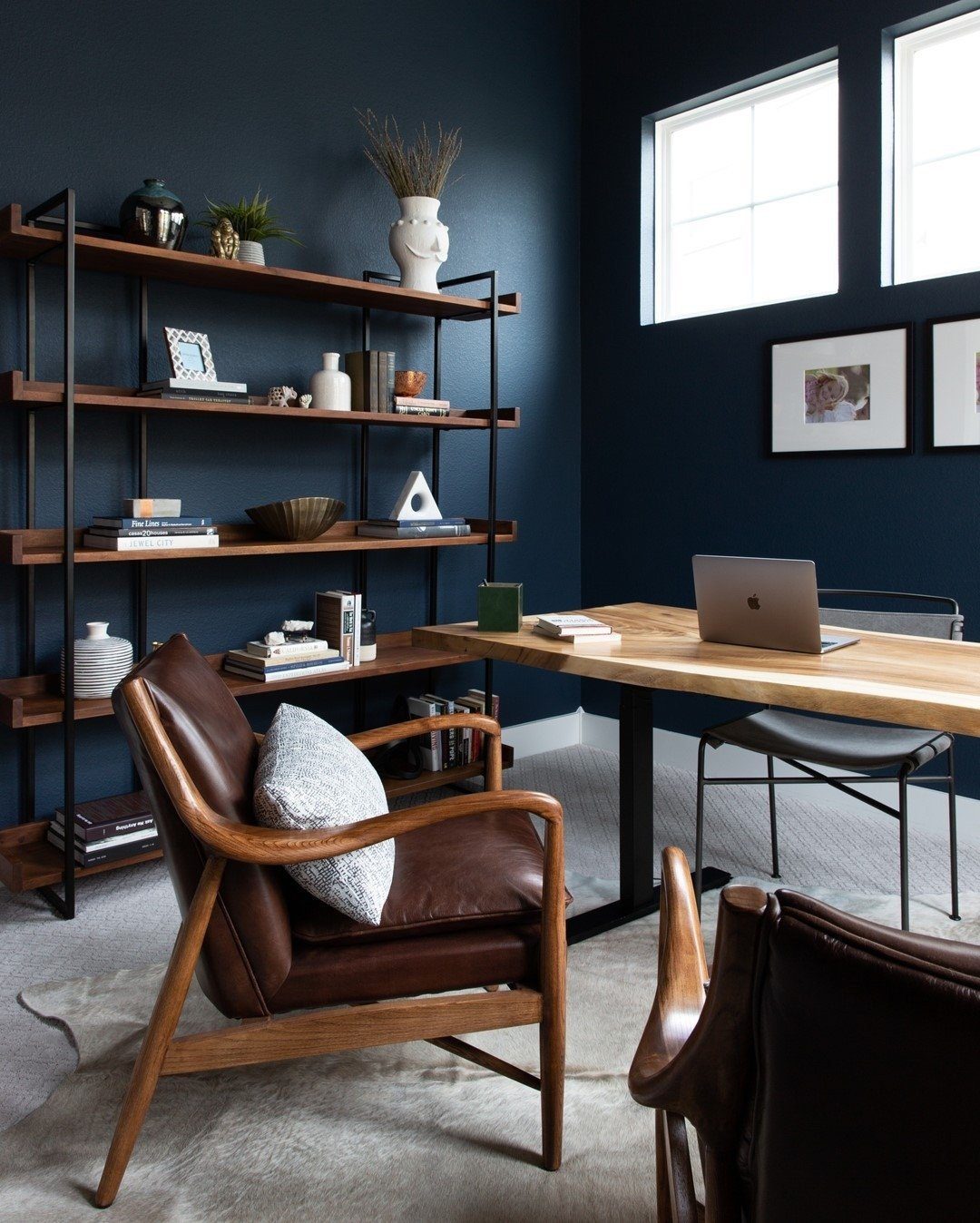 Jaw-Dropping Modern Office Ideas for 2025! 18 Navy Walls With Warm Leather Accents
