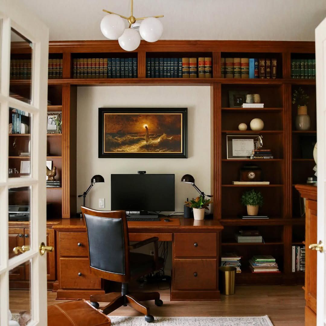 Jaw-Dropping Modern Office Ideas for 2025! 1 Classic Wood And Moody Elegance