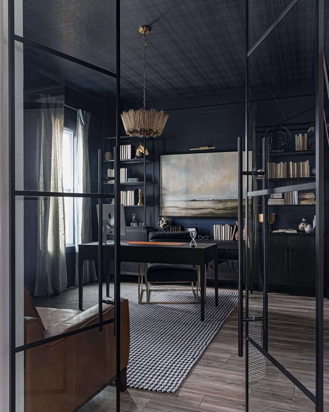 Jaw-Dropping Modern Office Ideas for 2025! 20 Dark Drama With Gold Elegance