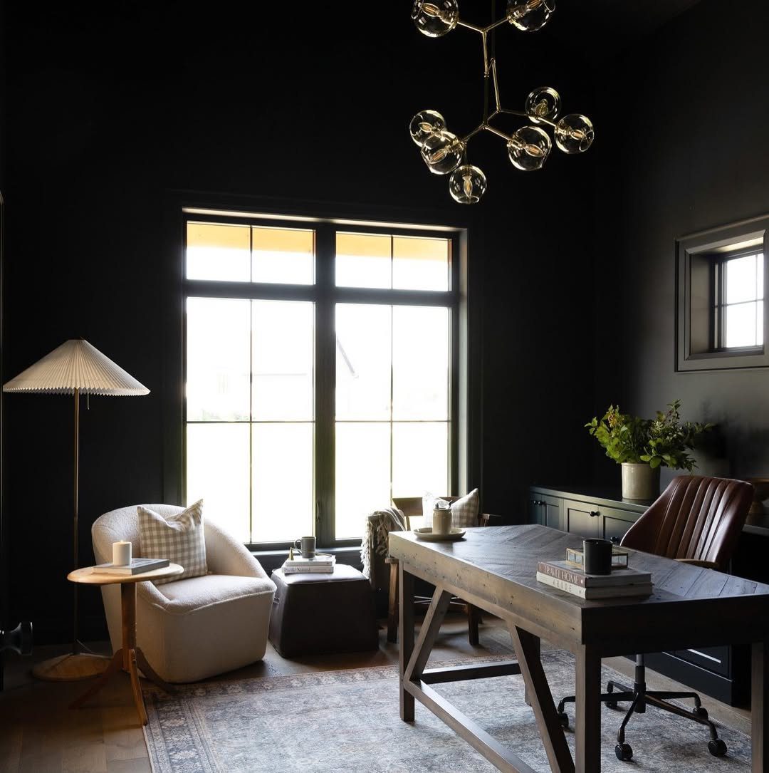 Jaw-Dropping Modern Office Ideas for 2025! 25 Dark Drama With Cozy Contrast