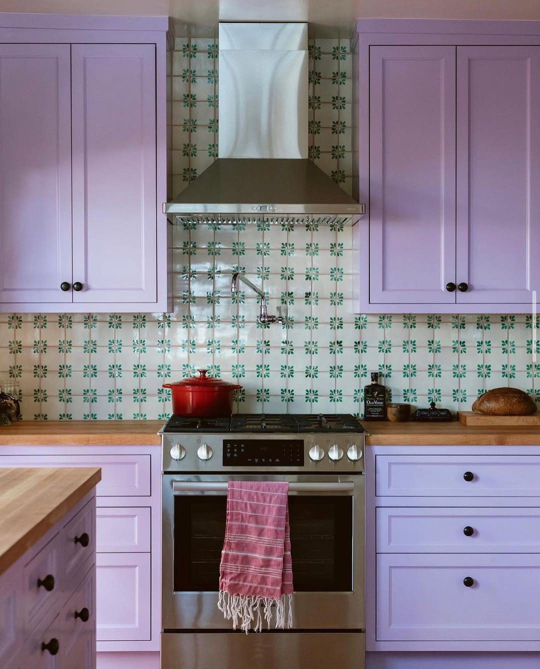Lavender Cabinets With Patterned Tiles